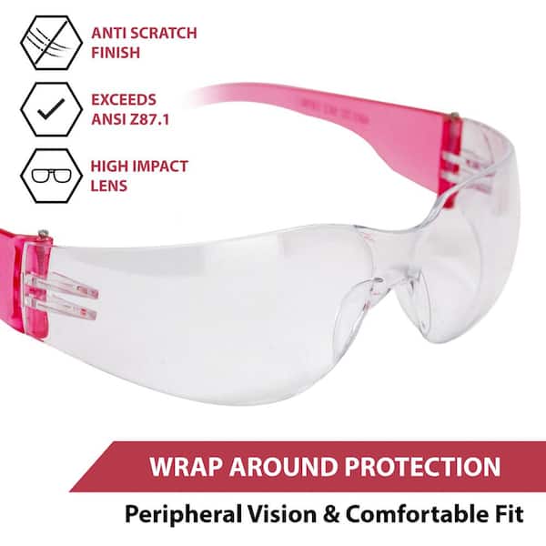 Pink, Crystal Clear Lens Color Temple Safety Glasses, (72-Pairs)