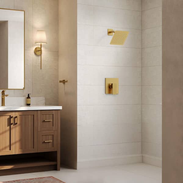 Square 1-Handle 1-Spray 6 in. Wall Mount Tub and Shower Faucet with High Pressure 2.5 GPM in Brushed Gold Valve Included