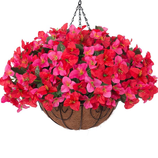 20.5 in Red Artificial Bougainvillea Hanging Flowers Plants Basket