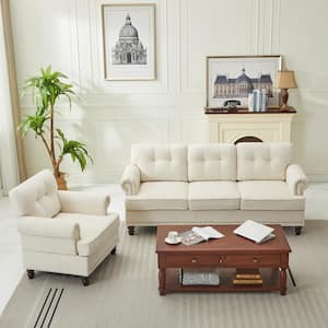 Modern 2-Piece Beige Chenille Living Room Set with Nailhead Trim and Rubberwood Legs