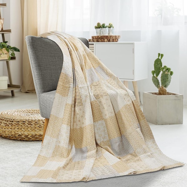 Unbranded Faith Beige/ Multicolored Patchwork Hand-Stitched All Natural Cotton Throw Blanket