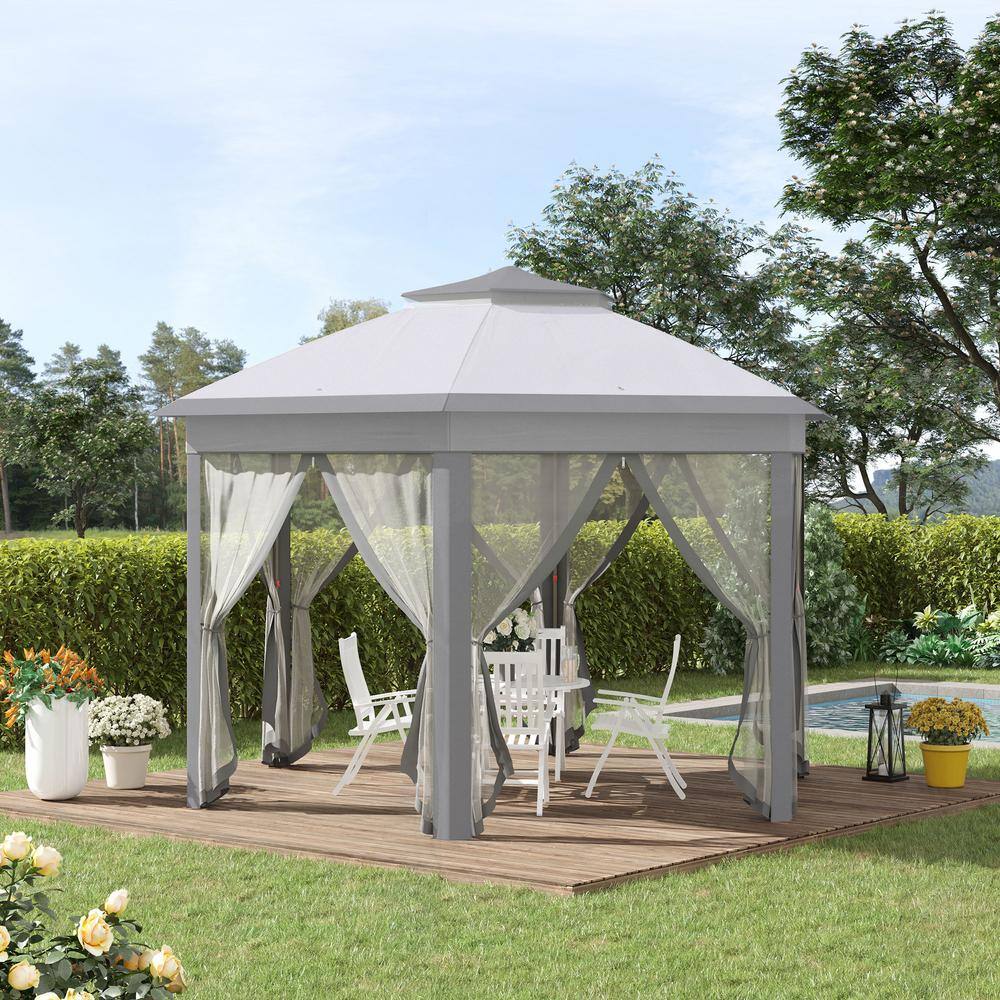 Gray Steel Hexagonal Pop-Up Gazebo with Mesh Netting