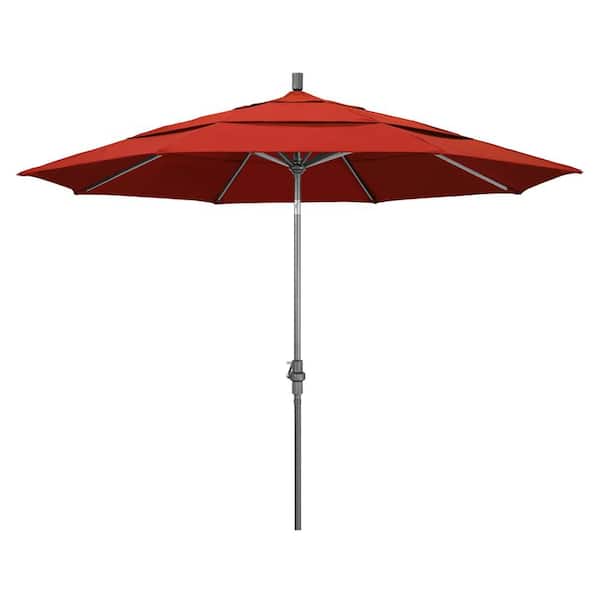 California Umbrella 11 ft. Hammertone Grey Aluminum Market Patio Umbrella with Crank Lift in Sunset Olefin