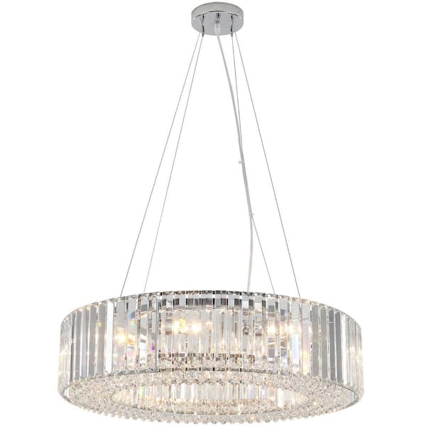 8-Light Chrome Drum Chandelier Hanging Pendant Light with Crystal Shade