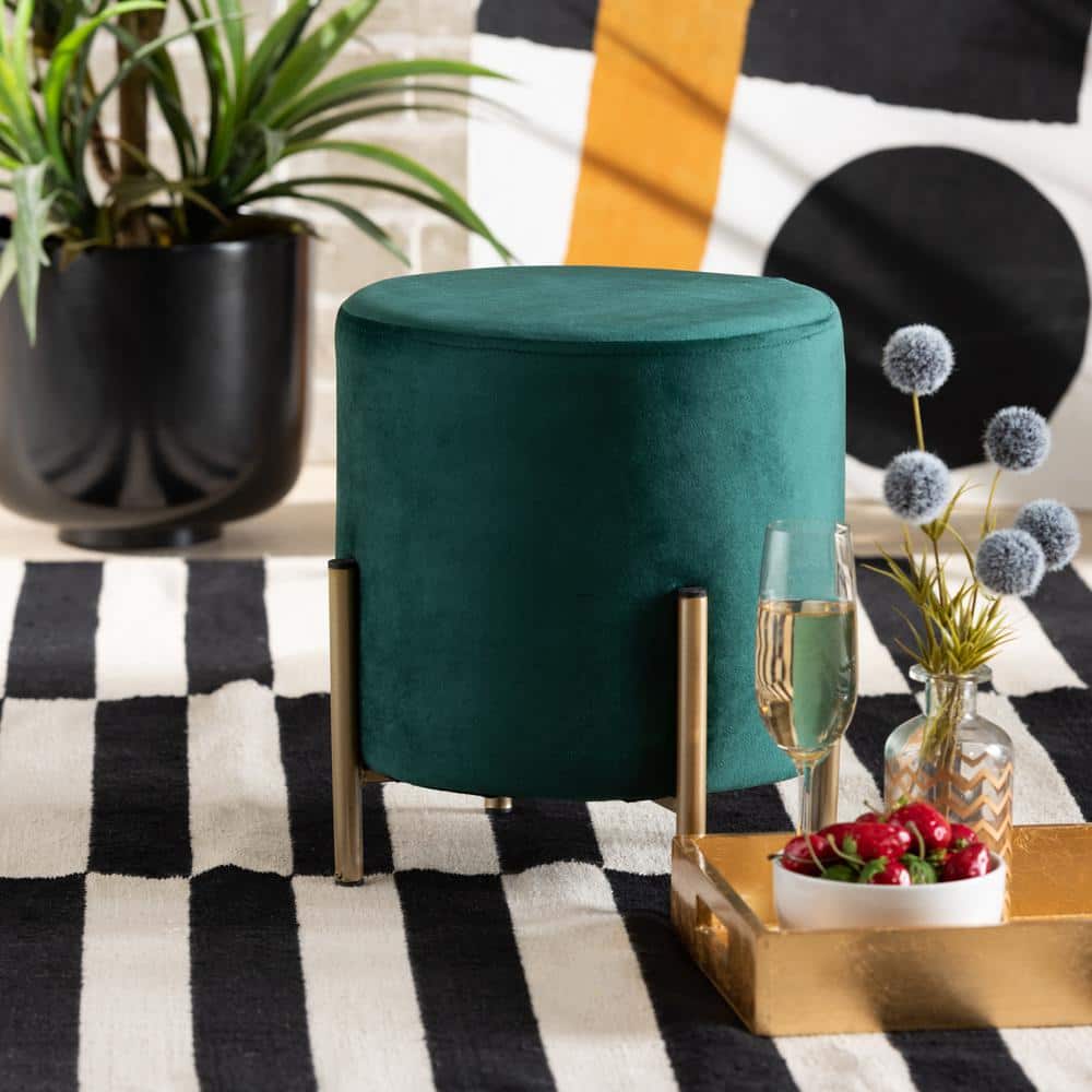 Thurman Luxe Green Velvet and Gold Metal Round Ottoman