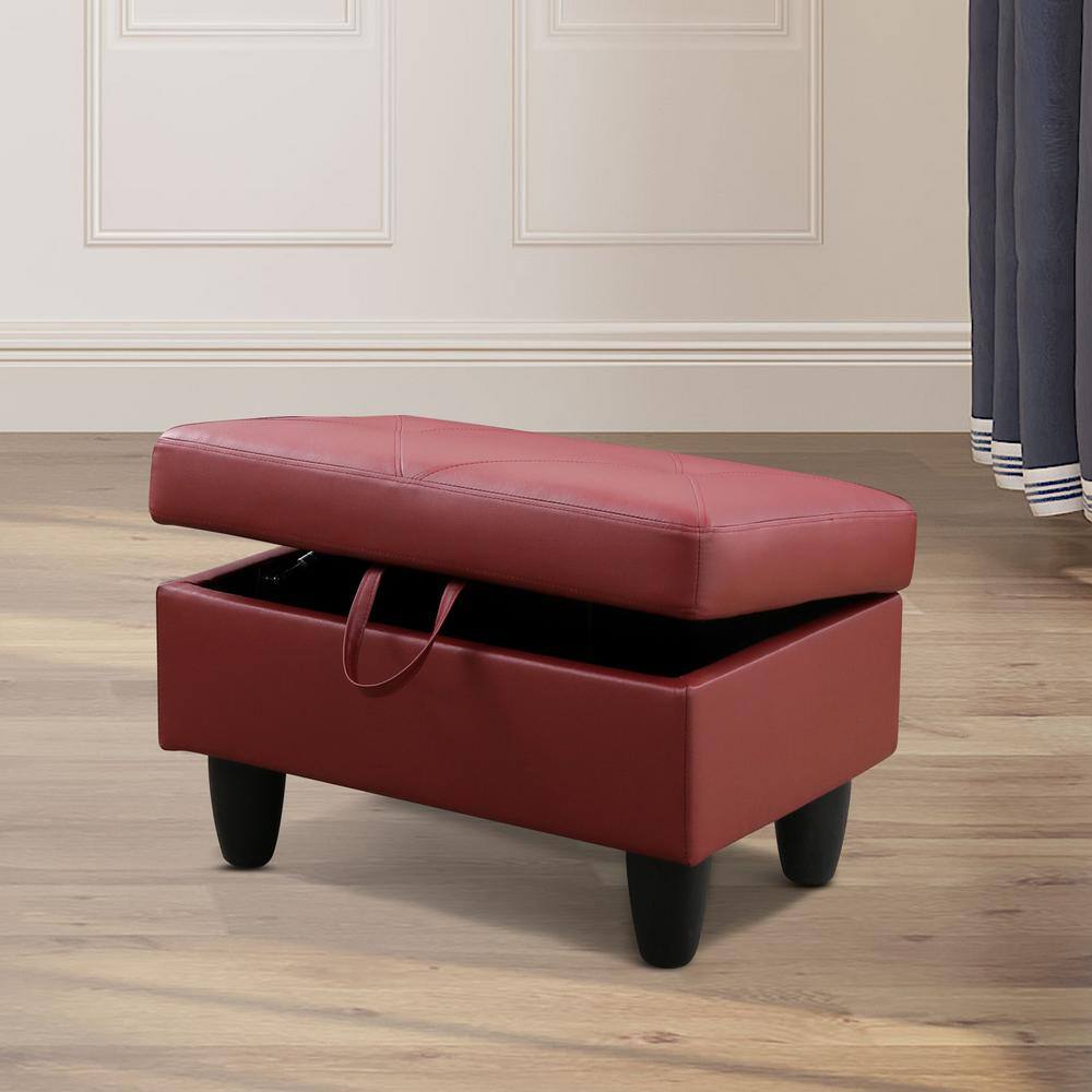 28.5 in. W Red Faux Leather Rectangle Ottoman with Storage