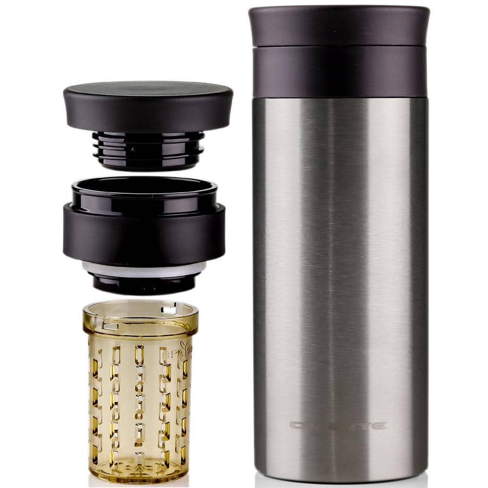 OVENTE 16 oz. Silver Stainless Steel Travel Tumbler with Tea Infuser, Vacuum Insulated and Double-Walled, Spill-Proof, BPA-Free