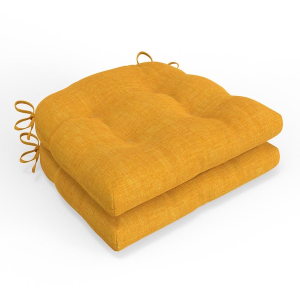 Pillow Perfect Solid Twill 16 in W x 4 in H Square Outdoor Tufted Wicker Seat Cushion w/ Ties 2-Count in Yellow Splash