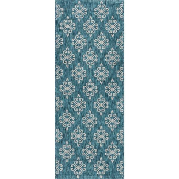 Tayse Rugs Veranda Geometric Teal 2 ft. x 10 ft. Indoor/Outdoor Runner Rug