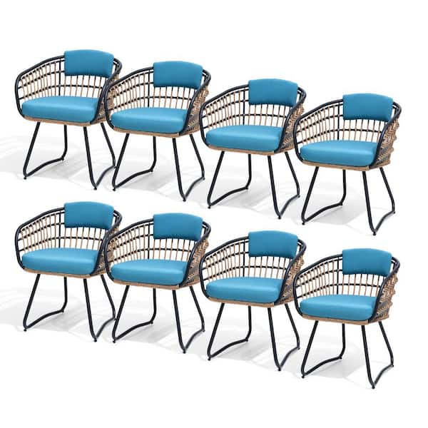 8-Piece Patio Metal PE Rattan Seating Set Outdoor Wicker Dining Chairs with Blue Cushions