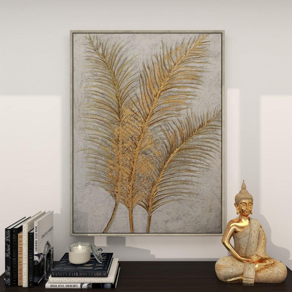 Large Gold and White Botanical Canvas Framed Wall Art