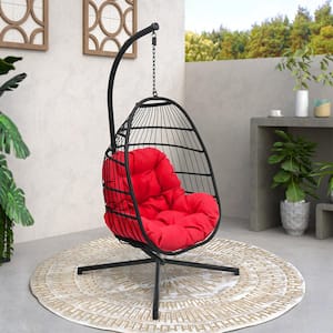 32.5in 1-Person Black Steel Stand and Wicker Hanging Basket Patio Swing Chair with Red Cushion
