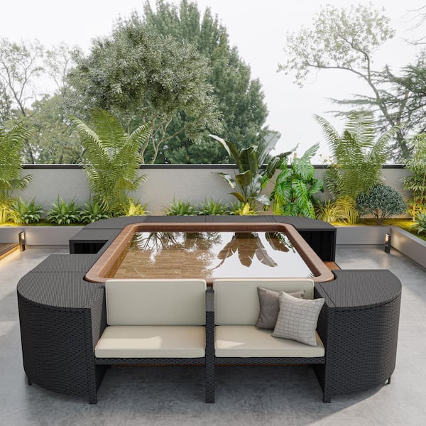 HomeAura Black Rattan Outdoor Sectional Set with Beige Cushions