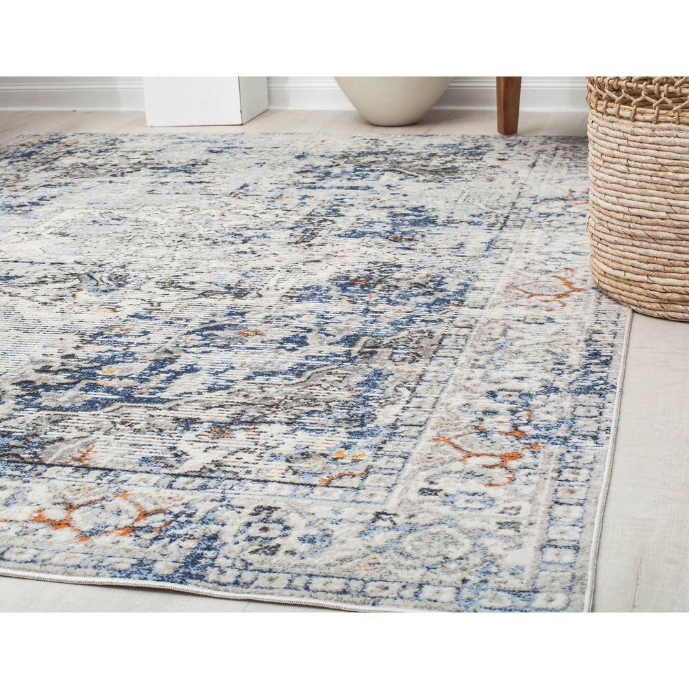 Blue and Gray Vintage Floral Rectangular Area Rug, 8' x 10'