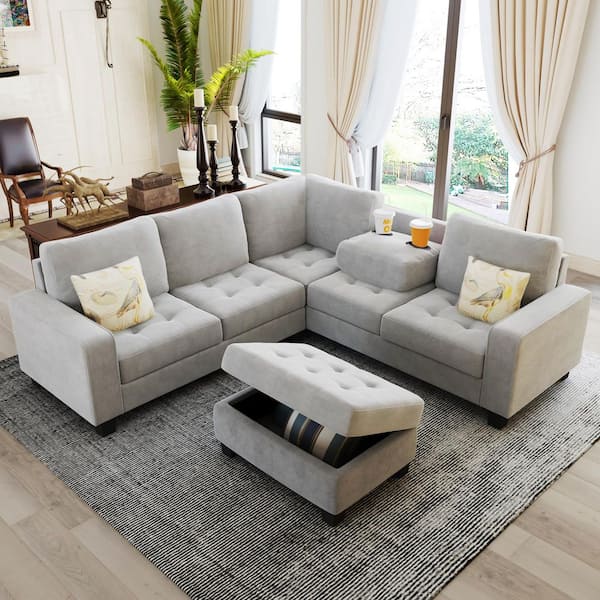 Harper & Bright Designs 85 in. Square Arm 4-Seater Storage Sofa in Light Gray