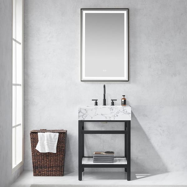 ROSWELL Ecija 24 in. W x 22 in. D x 33.9 in. H Single Sink Bath Vanity in Matte Black with White Engineered Stone Composite Top