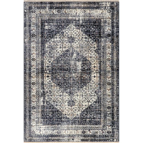 nuLOOM Charvi Navy 8 ft. x 10 ft. Distressed Medallion Area Rug