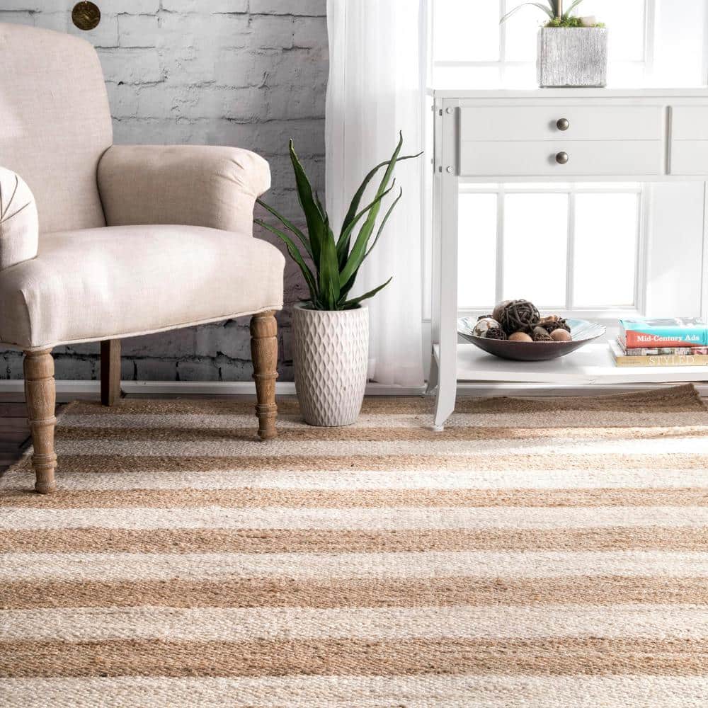 Off-White and Beige Striped Jute Cotton 3' x 5' Area Rug