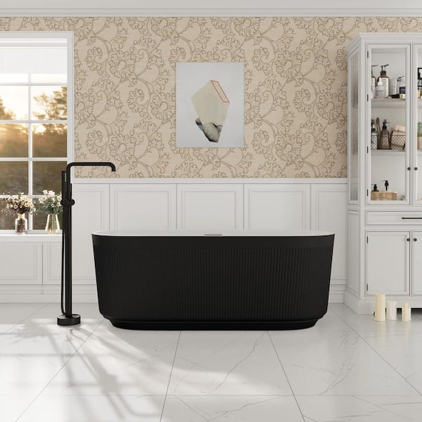 67in x 29. 5in Pleated Design Acrylic Freestanding Soaking Bathtub with Chrome Overflow and Pop-Up Drain in Black