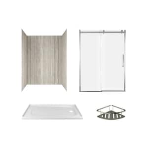 Passage 60 in. x 72 in. Right Drain Alcove Glue-Up Shower Wall, Shelf, Door and Base Kit in Pewter Travertine (4-Piece)