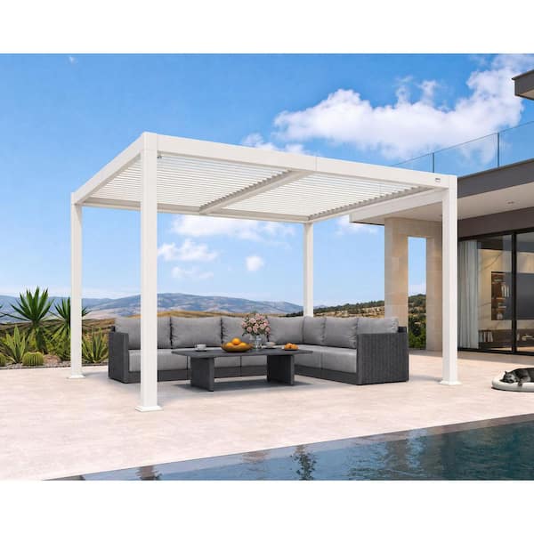 10 ft. x 12 ft. White Aluminum Outdoor Louvered Pergola with Individual Adjustable Sunshade Roofs and LED Lights
