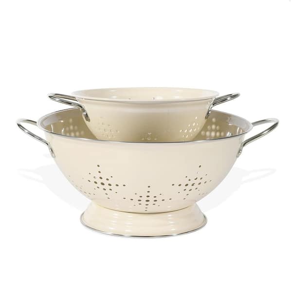 2-Pack Strainer Bowel with Handles, Heavey Duty Kitchen Drainer Basket for Pasta Veggies and Fruits, Cream