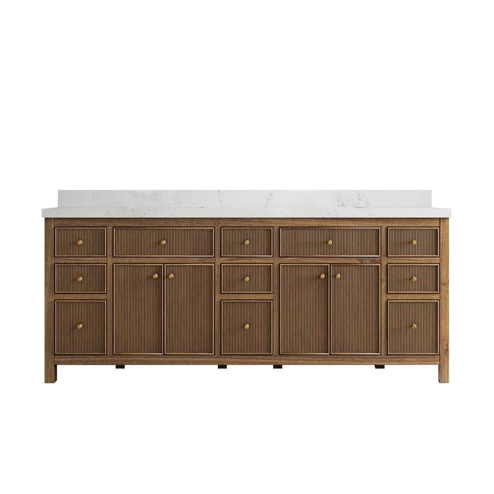 84'' Dark Natural Teak Double Sink Bathroom Vanity with Quartz Top