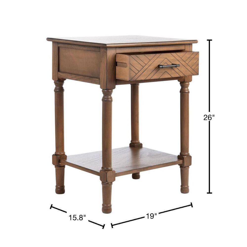 Peyton French Brown Wood Storage End Table with Herringbone Drawer