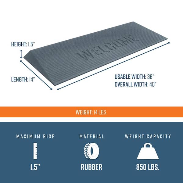 TRANSITIONS 14 in. L x 40 in. W x 1.5 in. H Angled Entry Door Threshold Welcome Mat, Grey, Rubber