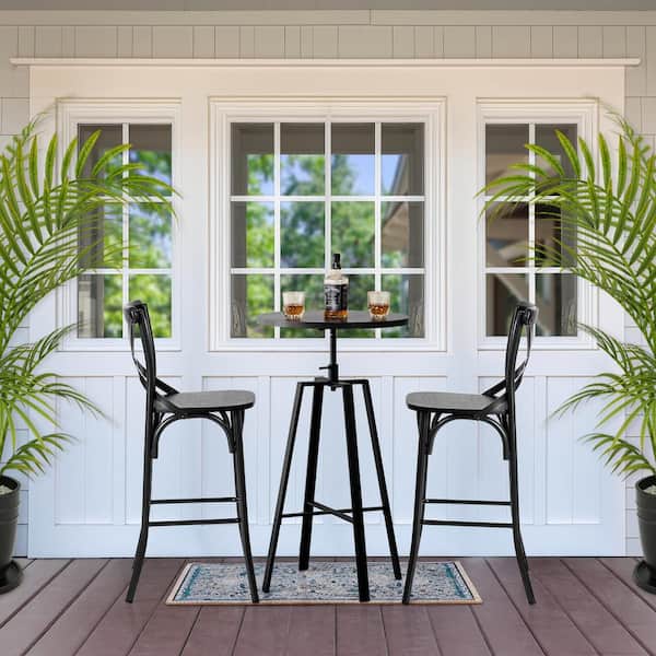 Glitzhome Pub Table Set - Modern Adjustable Round Bar Table with Black Oak Veneer Top and Black Steel Bar Stools (Set of 3 )