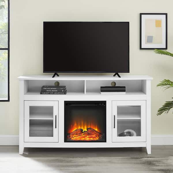Walker Edison Furniture Company 58 in. Brushed White Wood and Glass Transitional TV Stand with 2 Doors Fits TVs up to 65 in.