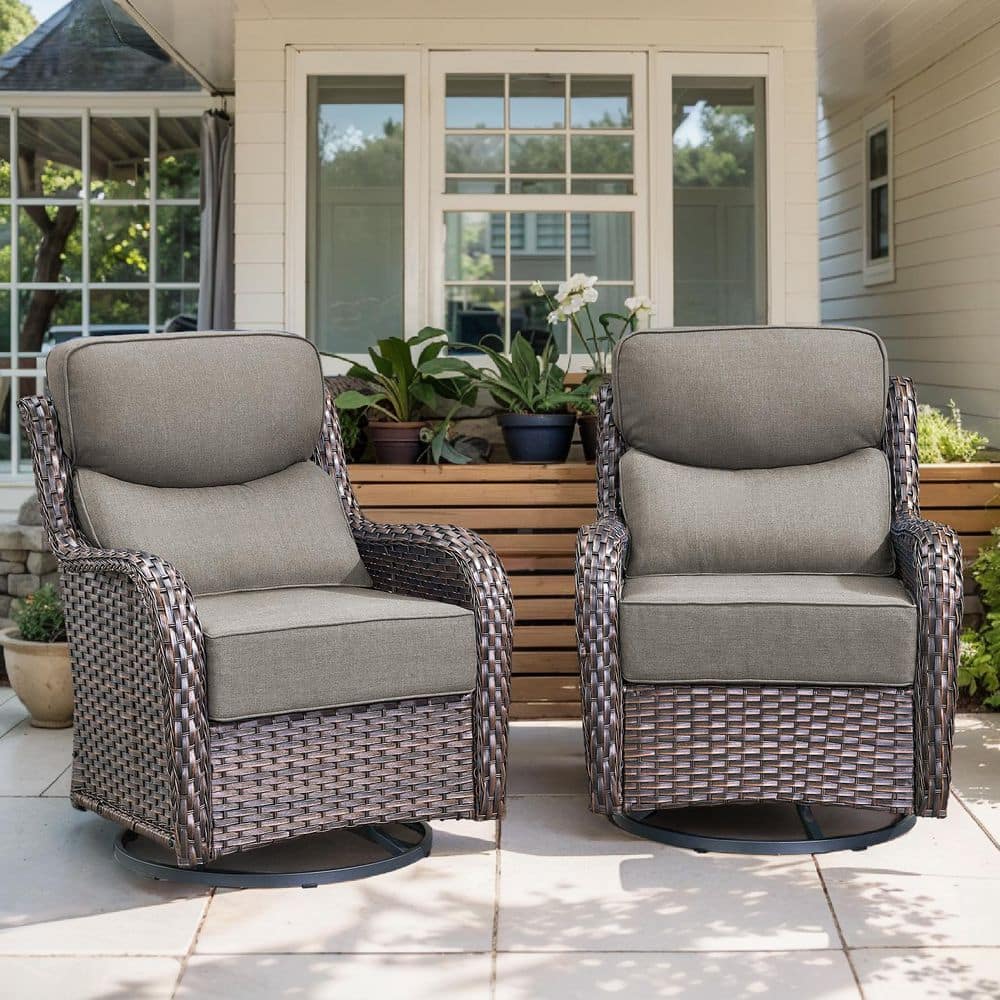 Arcadia Brown Wicker Outdoor Rocking Chair Patio Swivel Glider with 6 in. Thick Gray Box-Edge Cushions (2-Pack) price history on PriceWatchPro