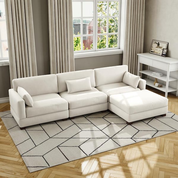 123 in. Square Arm 4-piece Corduroy Upholstered L-Shaped Sectional Sofa in Beige