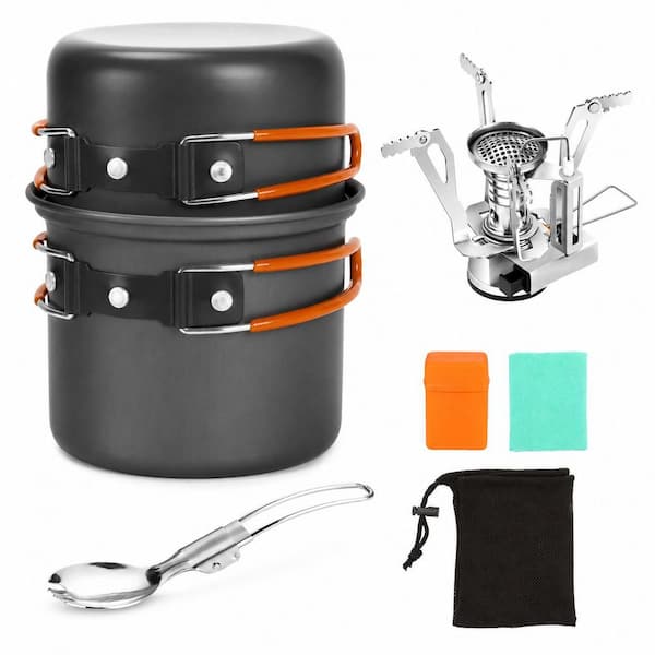 6 Piece Aluminum Nonstick Cookware Set in Black for Camping with Pot, Stove, Spork, Carry Bag, Cleaning Cloth