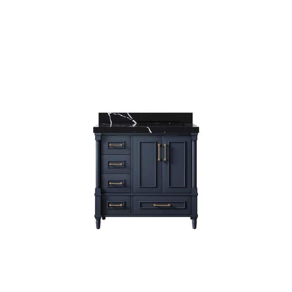 Willow Collections Hudson 36 in. W x 22 in. D x 36 in. H Right Offset Single Bath Vanity in Navy Blue with 2 in. Calacatta Black qt Top