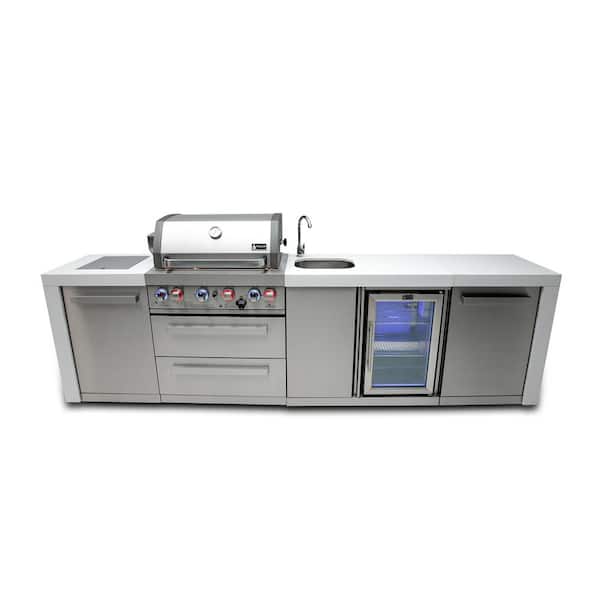 Deluxe Series 4 Burner Outdoor Kitchen Island Propane Natural Gas Grill Island with Beverage Center in Stainless Steel