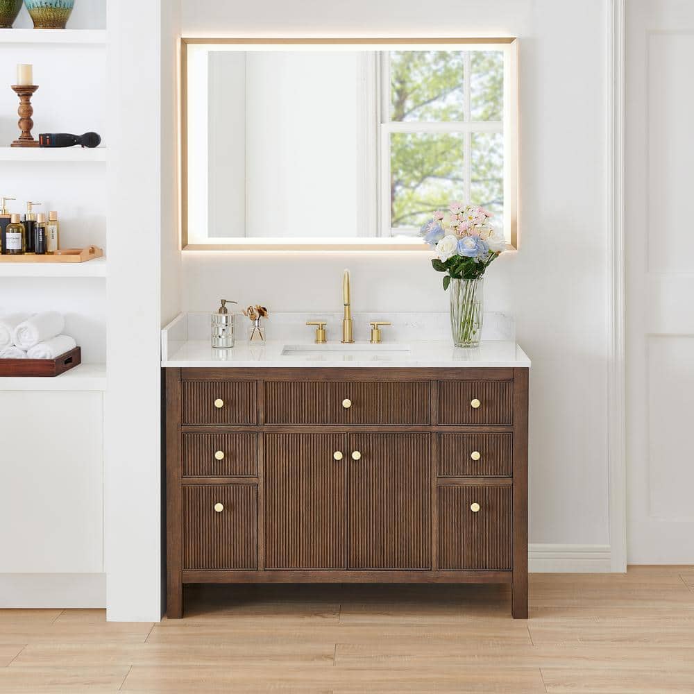 Cerrito 48 in. Single Sink Freestanding Brown Oak Bath Vanity with Grain White Engineered Stone Top Assembled and Mirror price history on PriceWatchPro