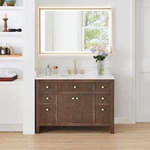 Cerrito 48 in. Single Sink Freestanding Brown Oak Bath Vanity with Grain White Engineered Stone Top Assembled and Mirror