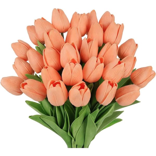 30PCS Artificial Tulip Flowers 13.7 in Real Touch Fake Tulips Spring Faux Flowers(Light Orange)