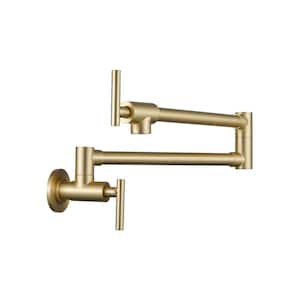 Double Handle Brushed Gold Wall Mount Pot Filler Kitchen Faucet with Cross Handle, 360° Rotation & Folding Functions