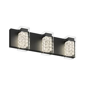 Crystal Cube 20 in. 3 Light Matte Black Modern Integrated LED 5 CCT Vanity Light Bar for Bathroom