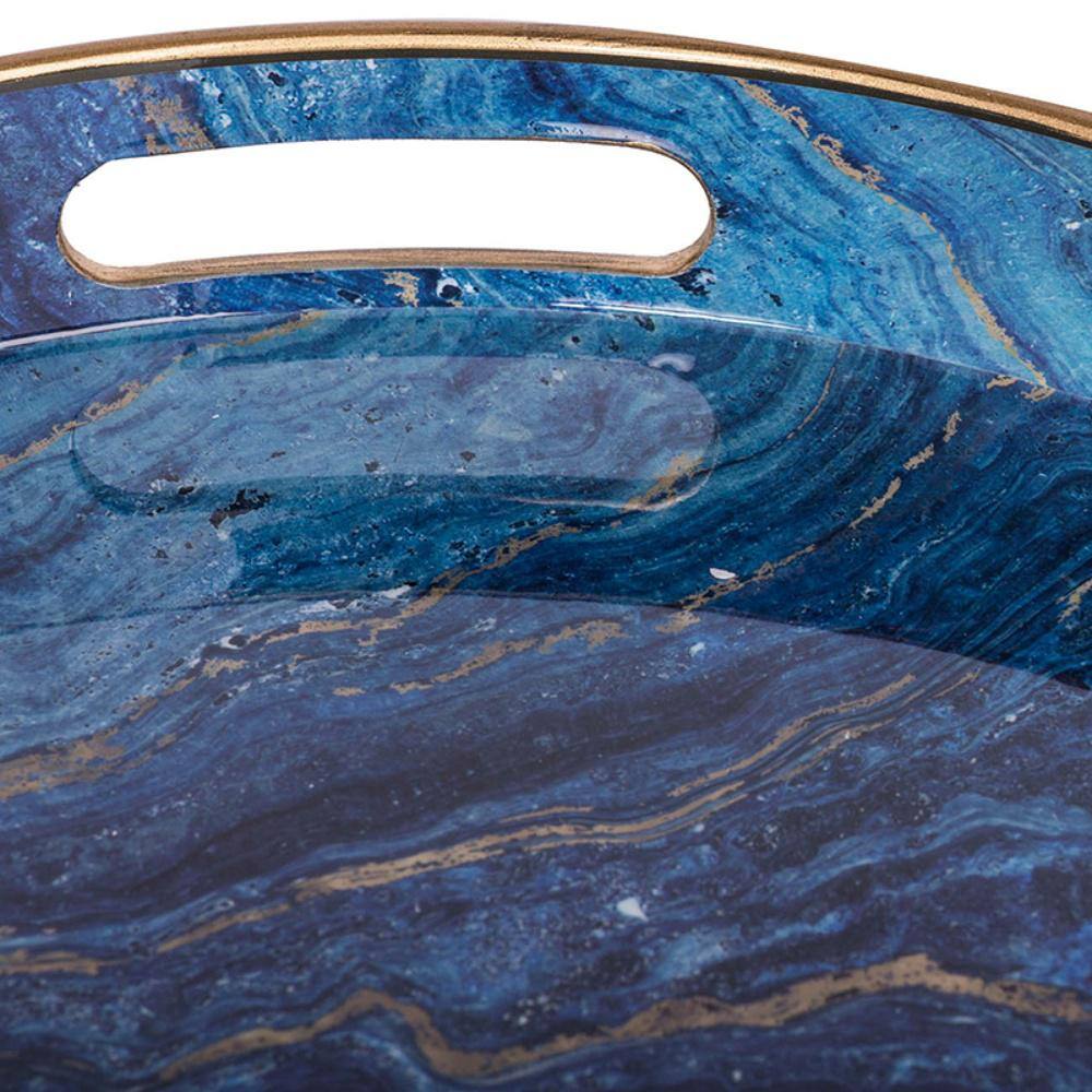 Marbled Blue Round Plastic Serving Trays with Cutout Handles (Set of 2)