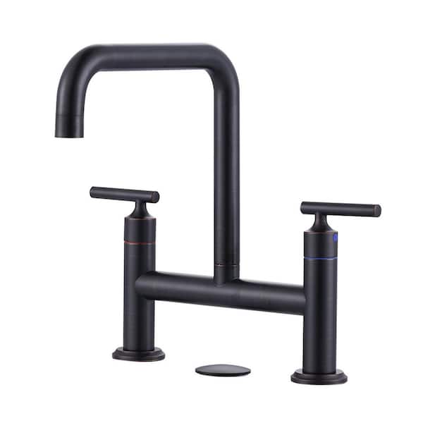8 in. Centerset Double Handle Brass Bridge Kitchen Faucet with Sink Hole Cover in Oil Rubbed Bronze