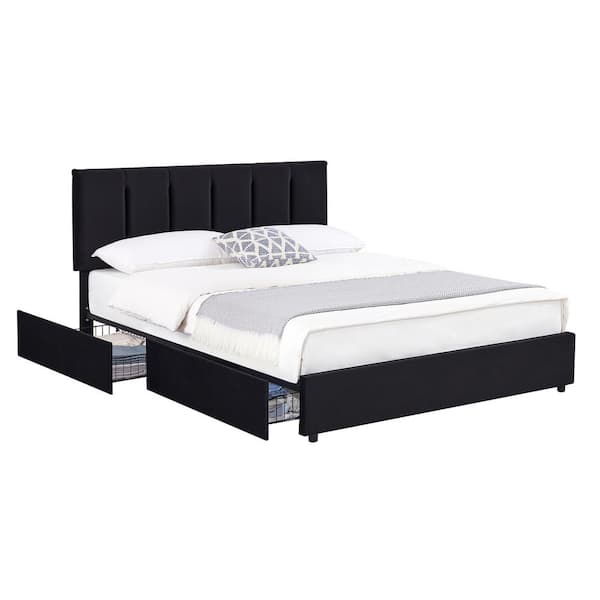 VECELO Upholstered Bed Frame Black Queen Metal Frame With 4-Storage ...