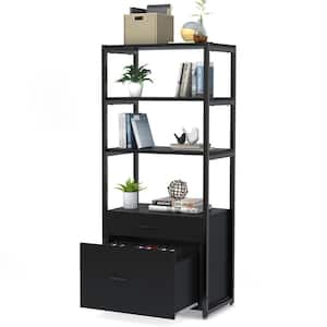 Earlimart 60 in. Black Engineered Wood and Metal 4 Shelf Etagere Bookcase with 2 Drawers