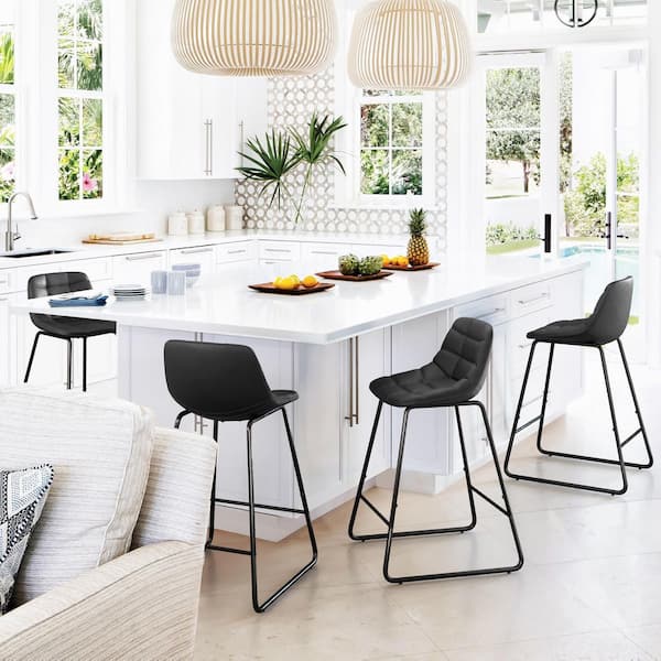 LUE BONA 33.07 in. Black Mid Century Modern Faux Leather Low Back Metal Frame Counter Height Bar Stool (Set of 4)