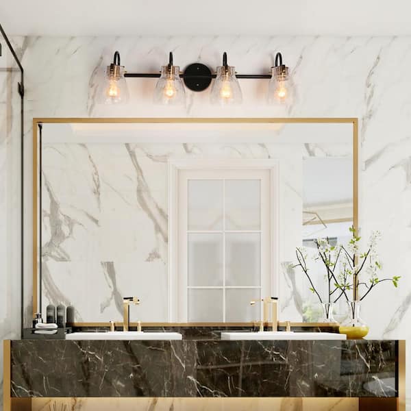 DAWN 30.7 in. 4-Light Modern Matte Black Vanity Light with Crackle Textured Glass Shades