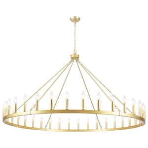 Nazavier 60 in. Gold 36 Light Large Dimmable Wagon Wheel Chandelier Rustic Farmhouse Candle Round Industrial Pendant