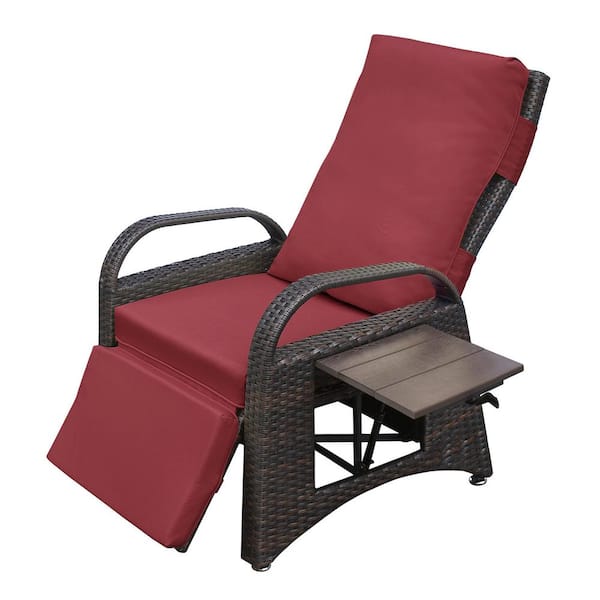Unbranded Ergonomic Brown Wicker Outdoor Chaise Lounge with Red Cushions and Extension Table
