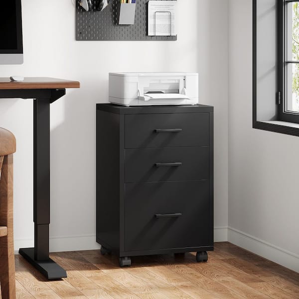 Atencio 3-Drawer Black Wood 16 in. W Vertical File Cabinet Office Filing Cabinet Rolling Printer Stand (Black)
